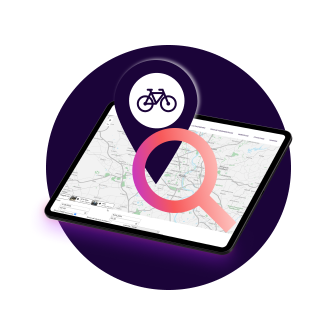 Tablet mit Landkarte auf dem Display, darüber ein Bike-Pin und eine Lupe